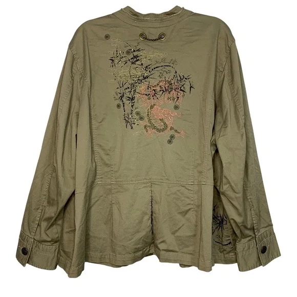 Venezia Women's Khaki Dragon Bamboo Embroidered Utility Jacket Size 26/28 - Picture 2 of 9